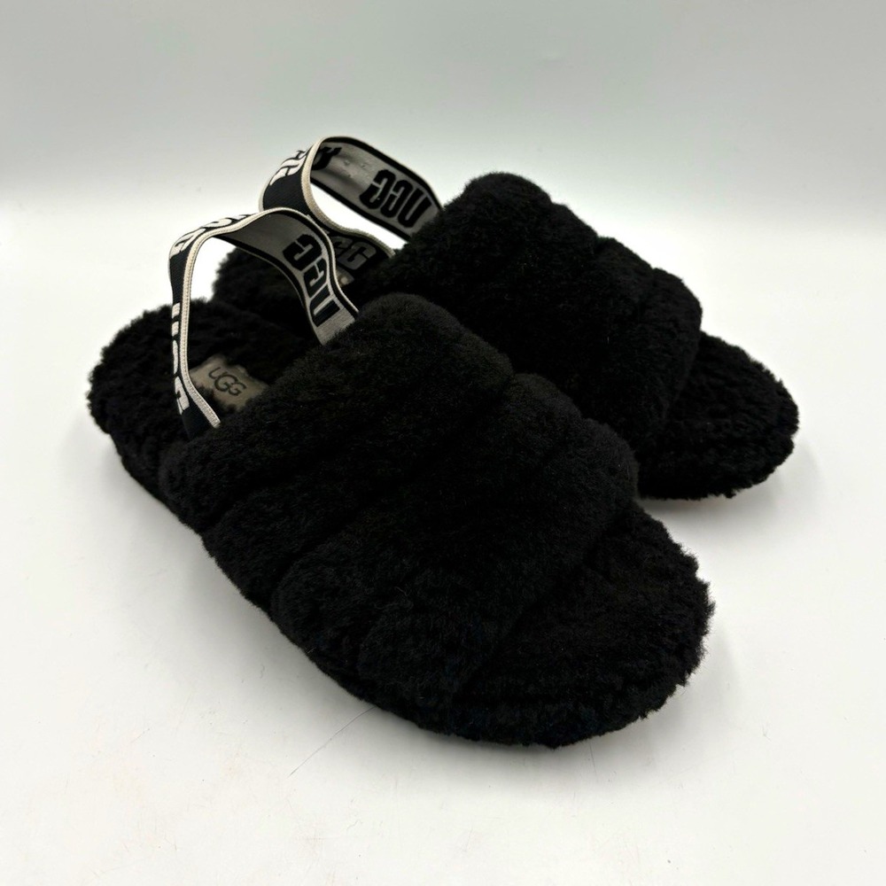UGG Slide Sandals Black Faux Fur Logo Strap Cushioned Women's US 7 EU 38